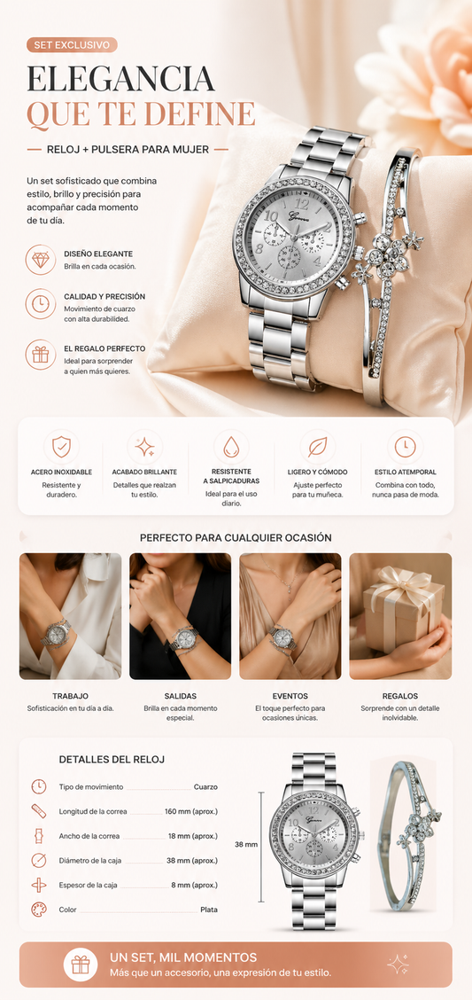 Set Reloj Clásico+ Pulsera Para Mujer